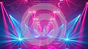 Intense red light laser effect on disco concert performance in nightclub. Magic beam neon glow celebration design