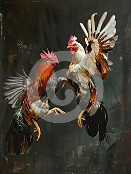 Intense Rooster Fight in a Dusty Field with Flapping Wings and Clashing Beaks.