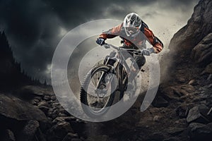 An intense shot capturing a man maneuvering a dirt bike with skill and precision on a challenging rocky hill., Mountain bike rider