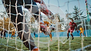 Intense soccer game player scores goal as goalkeeper makes a crucial save in a highly charged match