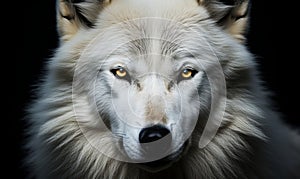 Intense Stare Close-Up of White Wolf Eyes on Black Background