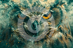 Intense Stare of Majestic Eagle Owl Underwater with Vivid Yellow Eyes and Detailed Feathers