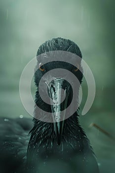 Intense Stare from a Mysterious Black Bird with Raindrops on Feathers in a Moody Setting