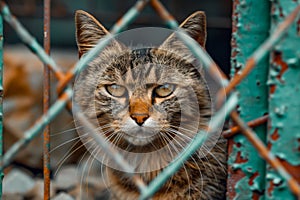 Intense Stare of a Tabby Cat Behind Chain Link Fence Captive Feline Gaze, Emotional Pet Imagery