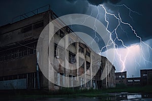 intense storm raging outside abandoned building, with lightning bolts striking and thunder booming