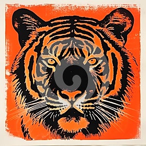 Intense Tiger Woodblock Print: Bold Stencil Style Illustration In New York