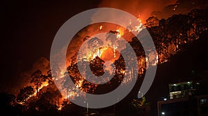 Intense wildfire engulfs hillside forest with glowing embers at night