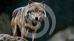 Intense wolf staring in the rain