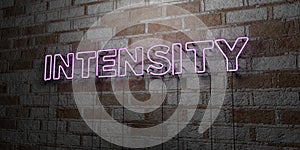 INTENSITY - Glowing Neon Sign on stonework wall - 3D rendered royalty free stock illustration