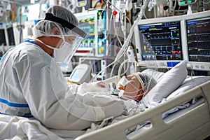 During intensive care at intensive care unit ICU hospital, patient is comatose photo