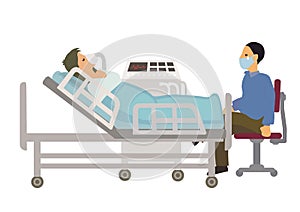 Intensive care patient woman receiving oxygen from a ventilation in intensive care department ward with his sad husband photo