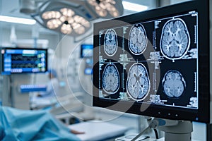 In intensive care unit, comatose patient undergoes tomographic analysis of brain photo