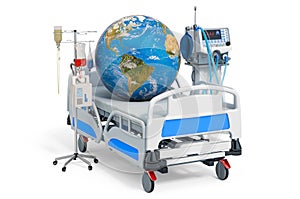 Intensive care unit ICU with Earth Globe, 3D rendering