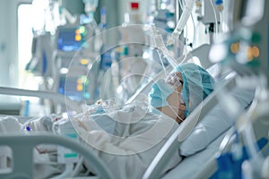 In intensive care unit ICU hospital , patient is in comatose during intensive care photo