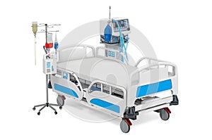 Intensive care unit, ICU. Medical ventilator, adjustable hospital bed and dropper. 3D rendering