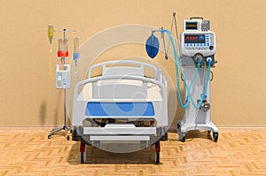 Intensive care unit, ICU in the room. Medical ventilator, adjustable hospital bed and dropper. 3D rendering