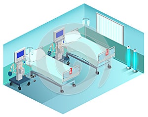 Intensive care unit medical ward with ventilator. 3d isometric