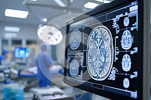 An intensive care unit performs tomography analysis of comatose patient brain photo