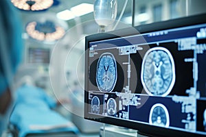Intensive care unit staff perform tomography analysis of comatose patient brain
