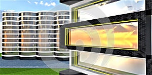 Intensive development of the new area. The window of an apartment building reflecting a wonderful sunset. Finishing the facade