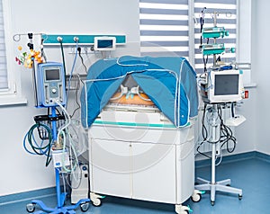 Intensive newborn hospital equipment. Emergency child incubator.