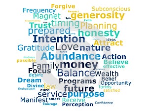 Intention wealth ManifestGenerosity  wordcloud design concept