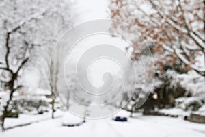 Intentional blur of a street covered in deep, freshly fallen snow