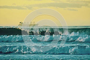 Intentionally blurry background image - oil painting effect. Beautiful seascape at sunset and a cargo ship far away.