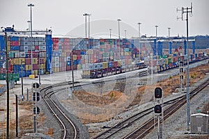 Intermodal Rail Yard With Gantry Spreader Cranes and Containers