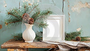 inter still life. Horizontal white frame mockup on vintage wooden bench, table. Modern white ceramic vase with pine tree branches