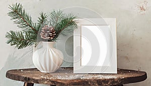 inter still life. Horizontal white frame mockup on vintage wooden bench, table. Modern white ceramic vase with pine tree branches