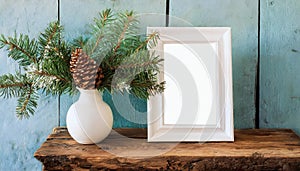 inter still life. Horizontal white frame mockup on vintage wooden bench, table. Modern white ceramic vase with pine tree branches