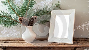 inter still life. Horizontal white frame mockup on vintage wooden bench, table. Modern white ceramic vase with pine tree branches