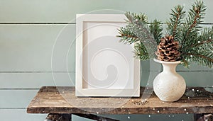 inter still life. Horizontal white frame mockup on vintage wooden bench, table. Modern white ceramic vase with pine tree branches