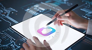 Interaction with digital hologram on tablet display in modern technology interface