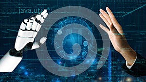 Interaction Between Human Hand and Robotic Hand Against Digital Background Representing Artificial Intelligence and