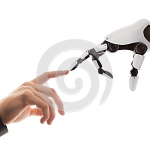 Interaction between human hand and robotic arm against png background