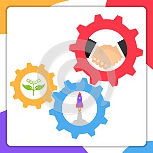 Interaction, new startup. Three gears are spinning among themselves. Vector illustration.