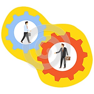 Interaction between people. Two businessmen inside gears interacting. Vector illustration.