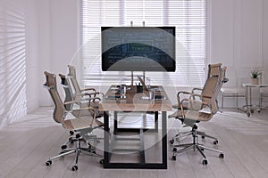 Interactive board near wooden table and chairs in meeting room