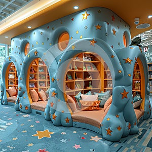Interactive childrens library with themed reading nooks and educational games.