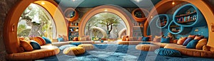 Interactive childrens library with themed reading nooks and educational games.3D render