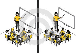 Interactive classroom scene teaching students presenting knowledge with whiteboard presentation diagram