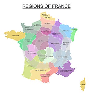 Interactive colorful map of metropolitans French regions on white background