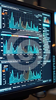 Interactive data analysis display with graphs and analytics on computer screen