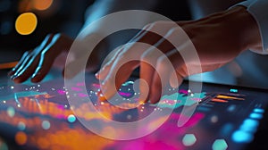 Interactive Data Analysis  Hands on Digital Tablet Screen with Colorful Graphs and Charts