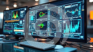 Interactive data analytics dashboard with graphs and charts on monitors