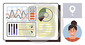 Data dashboard with graphs, pie charts, and user profile for analytics and visualization concepts