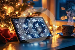 Interactive Digital Advent Calendar on Tablet Amidst Festive Christmas Decor photo