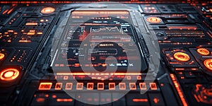 Interactive digital display with glowing elements showcasing data analytics and user interface at nighttime